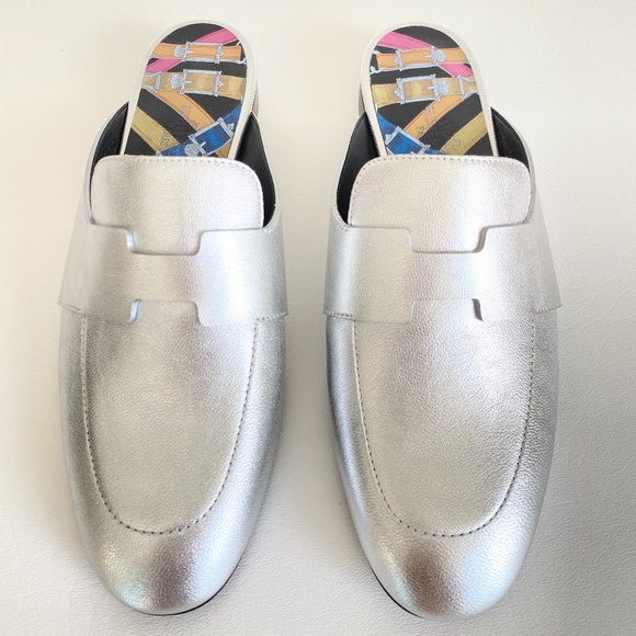 HERMES H CATENA SILVER LEATHER MULES FLIP FLOPS SHOES FLAT SLIDES 36 - Picture 6 of 15